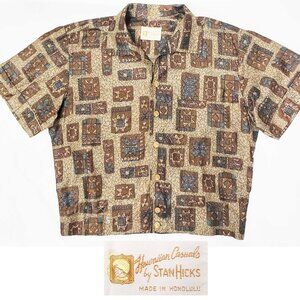 Stan Hicks Mens Hawaiian Casuals Vintage 50s Cropped Shirt Tiki Back Pleats M/L